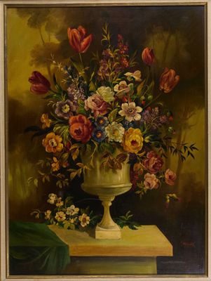 a painting of a vase of flowers on a table