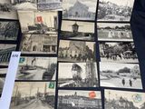 several old black and white photos of a train and a building