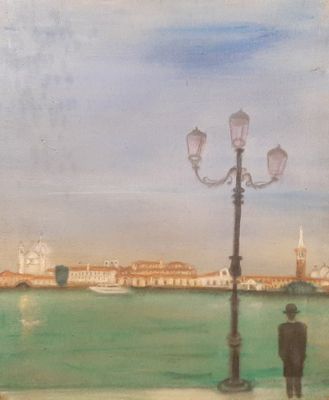 an image of a painting of a man standing next to a lamp post