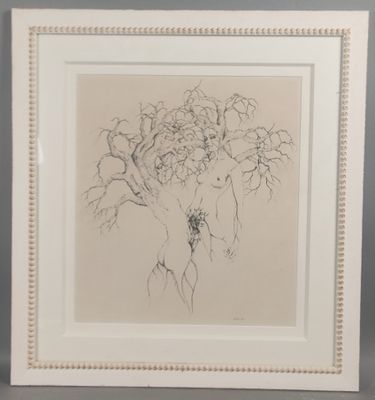 dessin représentant un arbre fleuri dans un cadre blanc sur fond gris