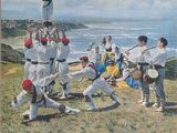une affiche représentant un groupe d'hommes jouant au baseball