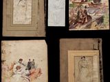 four old books with drawings of people on them on a black background