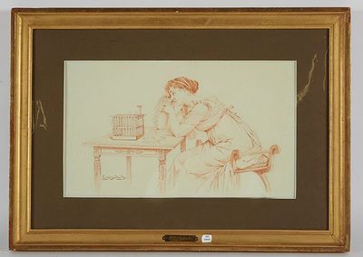 dessin représentant un homme assis à une table, tenant un oiseau dans la main