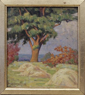 une peinture à l'huile représentant un arbre dans un champ, avec des rochers et des arbres en arrière-plan