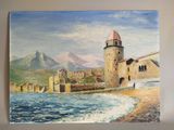 peinture représentant un tableau d'un château au bord de l'eau, avec des montagnes en arrière-plan
