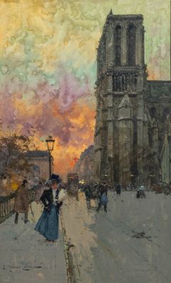 tableau représentant une scène où des personnes marchent dans une rue devant une cathédrale