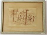 drawing of a group of children playing in a field with a giraffe in the background