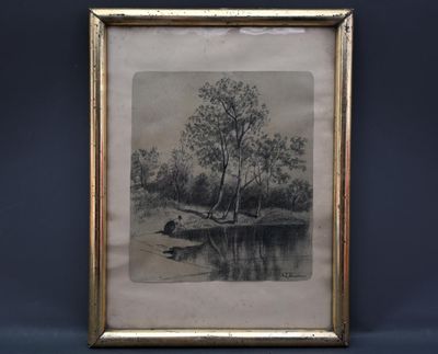 un dessin en noir et blanc représentant un homme en train de pêcher dans un lac
