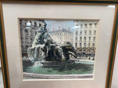 peinture représentant une statue d'un homme à cheval dans une fontaine