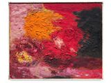 an abstract painting of red, yellow, and black on a white background