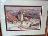 framed watercolor painting of a village in the snow with a church in the background