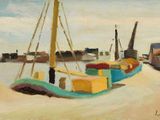 une peinture représentant un bateau posé sur le sable
