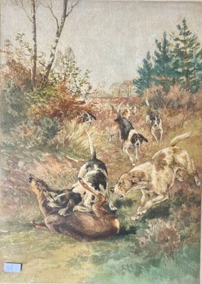 tableau représentant un groupe de chiens poursuivant un canard dans un environnement boisé
