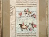 tableau représentant un groupe de personnes à cheval dans un paysage enneigé