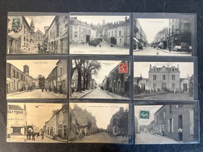 several black and white photos of old buildings and street signs