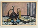a painting of a still life with a teapot, apples, and a book on a table