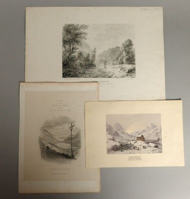 trois vues différentes d'un paysage de montagne avec un bateau et une montagne