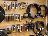 a wall with many different types of bike tires on it