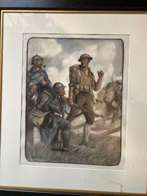 reproduction encadrée d'un tableau représentant un soldat à cheval, avec d'autres soldats en arrière-plan