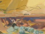 an oil painting of a train traveling down a track next to a forest