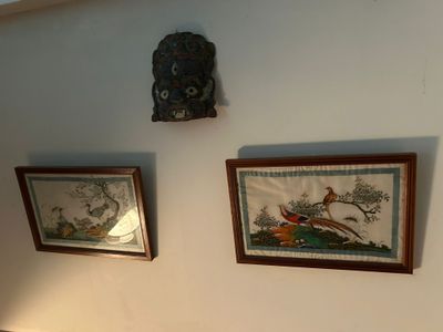 deux photos d'oiseaux encadrées accrochées au mur au-dessus des toilettes