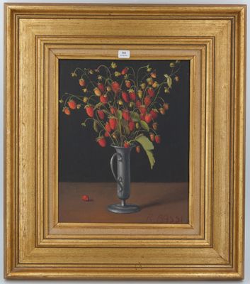 une peinture à l'huile représentant un vase avec des fleurs sur une table