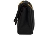a black purse with a gold chain hanging from the handle