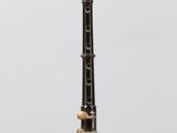 an image of a black and gold flute on a clear stand