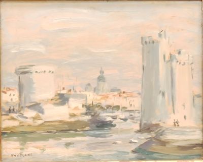 painting of a view of a harbor with boats and buildings