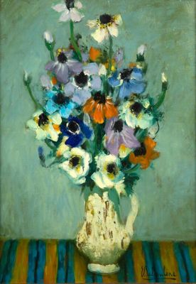une peinture de fleurs dans un vase sur une table