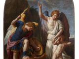 an image of a painting of angels and demons in a landscape