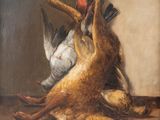 an oil painting of a dead bird and a dead rabbit on a table
