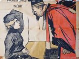 une vieille affiche représentant un homme et une femme assis sur un banc