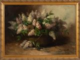 an oil painting of a vase of lilas on a table