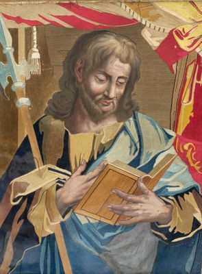 painting of a man holding a book in his right hand and a flag in the background