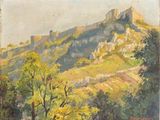 tableau représentant un château sur une colline, avec des arbres au premier plan
