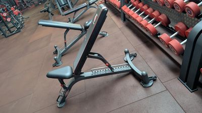 a row of dumbs in a gym with a rack of dumbs