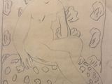 dessin représentant une femme assise sur un tapis dans une pièce