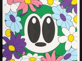 a framed picture of a cartoon character surrounded by flowers