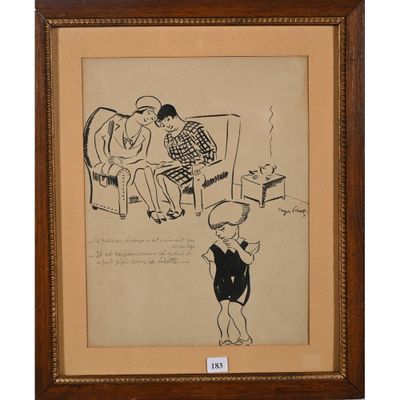 un dessin représentant un homme et une femme assis sur un canapé