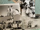 several old black and white photos of people on a bed
