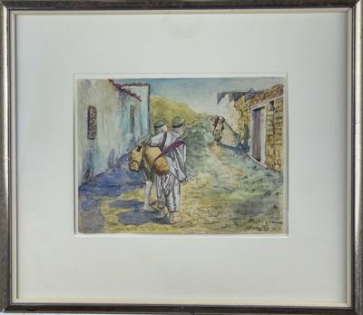 aquarelle encadrée représentant un homme transportant un fardeau de foin