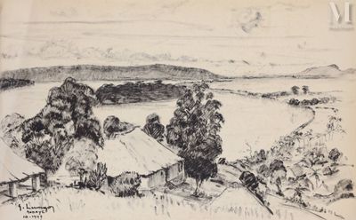 dessin représentant un paysage avec une maison et des arbres au premier plan