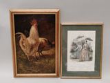 deux photos encadrées représentant des poulets et une femme en robe