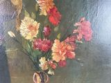 a picture of a painting of a woman with flowers in a vase