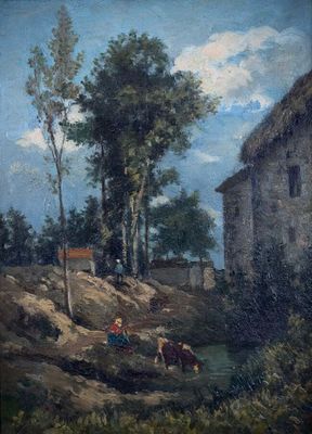 painting of a village scene with a man and a horse by a stream