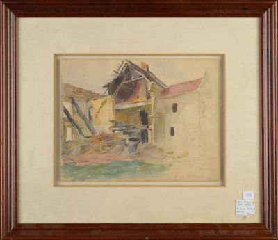 une image représentant une peinture d'une grange devant laquelle est garé un camion
