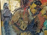 a painting of a man playing a guitar in a room