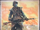painting of a man with a gun and a rifle standing in front of a burning field