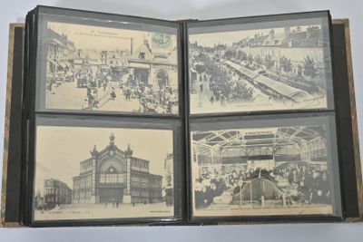trois vieilles photos en noir et blanc d'une gare où l'on voit des gens sur les voies